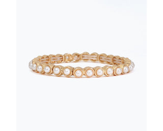 Pearl studded gold rounds stretch bracelet with faux pearls set in gold-tone bezel settings by Periwinkle — a classic, elegant everyday jewelry piece

