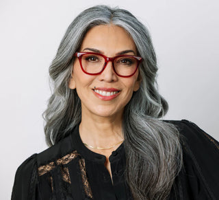 Peepers Lenora Blue Light Reading Glasses in Red and Fire Tortoise featuring a vintage-inspired soft square frame, gold pin accents, and lightweight polycarbonate construction.
