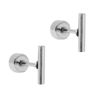 Perry Silver Screwback Stud Earrings featuring a polished vertical bar design in waterproof surgical stainless steel with a comfortable flat-back closure.