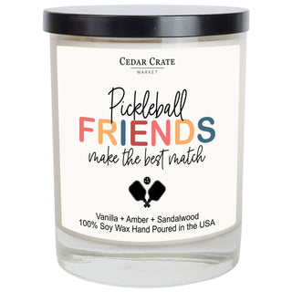 Pickleball Friends Make the Best Match soy candle by Cedar Crate Market with vanilla, amber and sandalwood fragrance in a reusable glass jar.