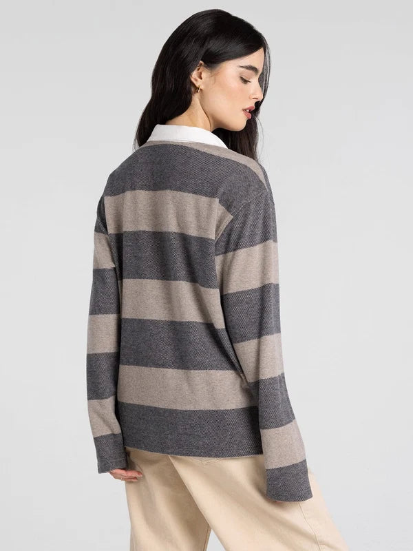 Pierce Top in taupe/navy — relaxed fit drop shoulder long sleeve top, back view