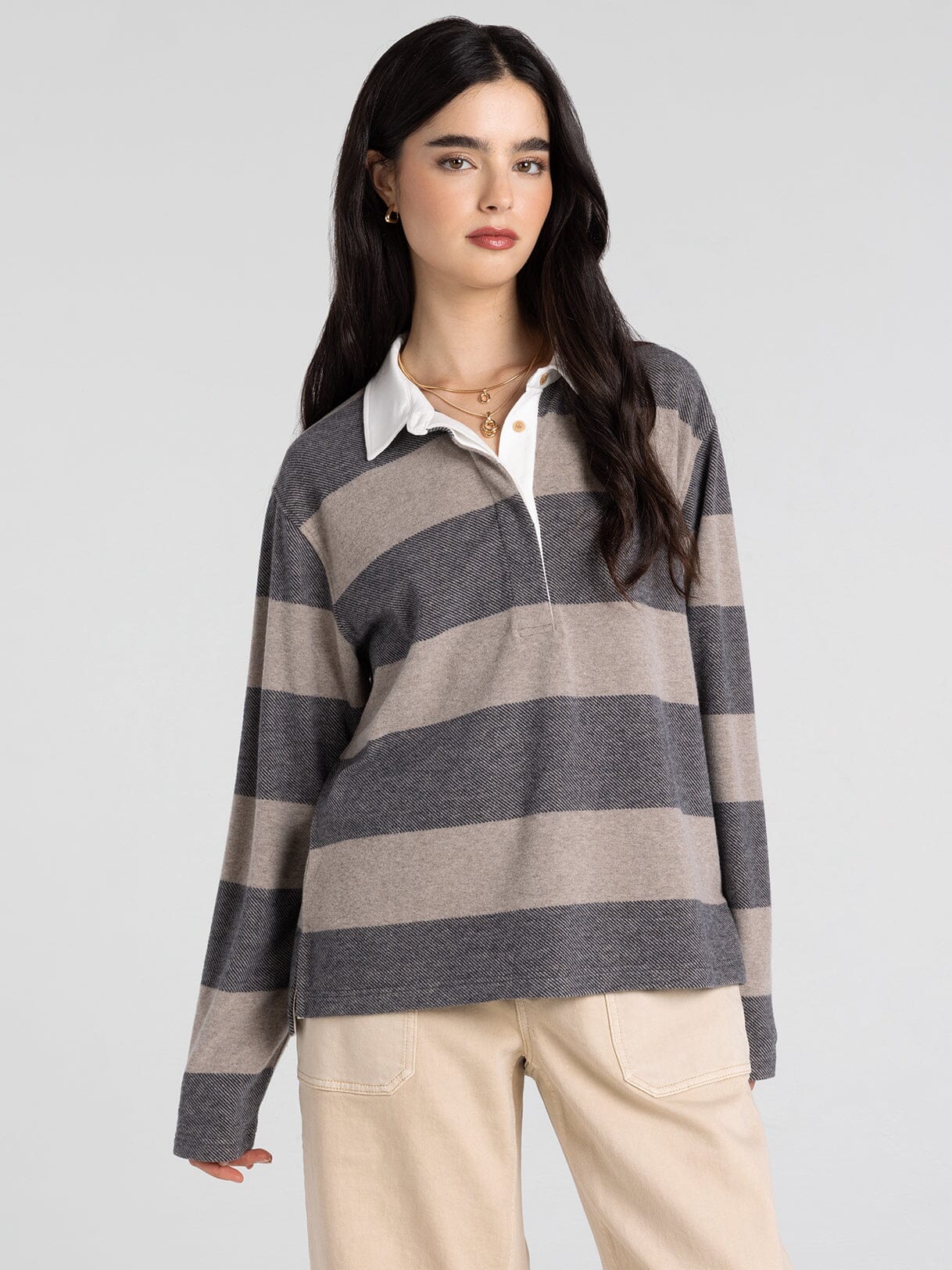 Pierce Top in taupe/navy — women's collared quarter-button drop shoulder long sleeve top, front view