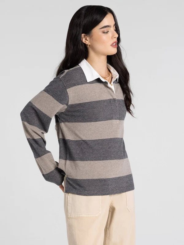  Pierce Top in taupe/navy — women's collared long sleeve top, side view