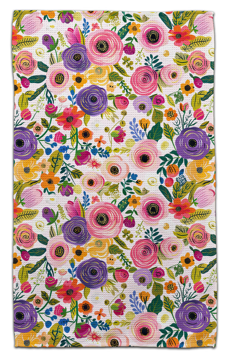 Colorful floral eco-friendly waffle weave kitchen towel with pink purple and orange watercolor roses by CJ Bella