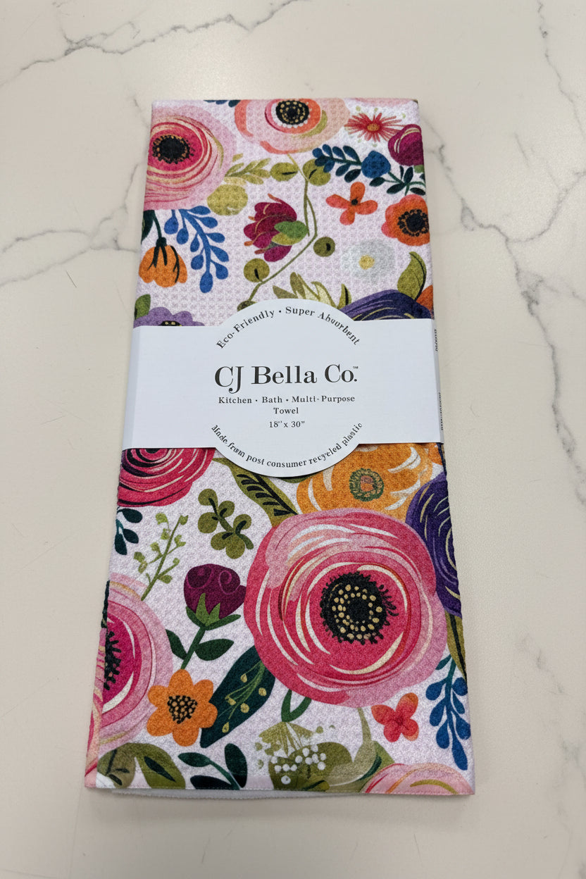 Colorful floral eco-friendly waffle weave kitchen towel with pink purple and orange watercolor roses by CJ Bella
