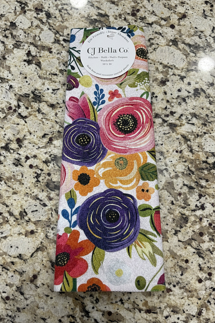 Colorful floral eco-friendly waffle weave washcloth with pink purple and orange watercolor roses by CJ Bella