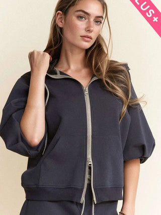 Short Sleeve Drawstring Hooded Jacket Plus in navy — women's plus size bubble sleeve zip-up hoodie with drawstring hood, sizes 1X-3X