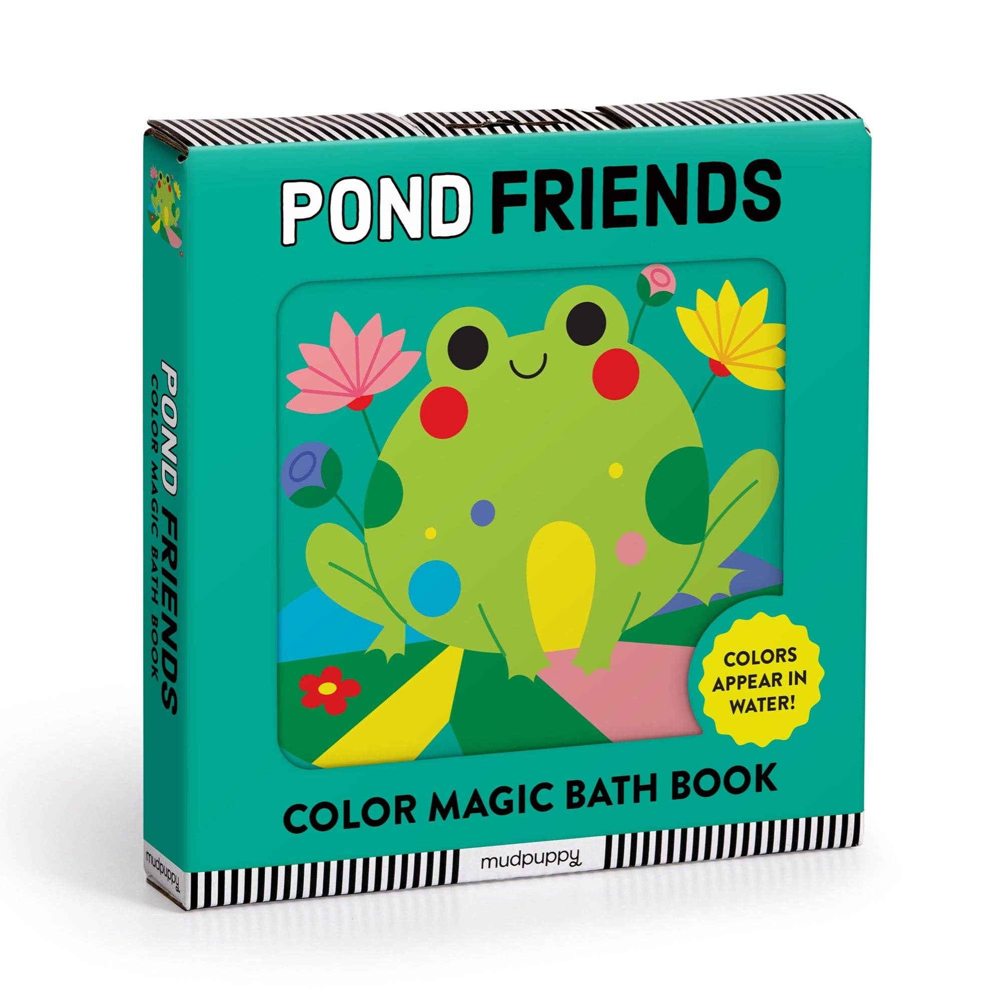 Pond Friends Color Magic Bath Book by Clementine Derodit — a color-changing baby bath book with 6 pages that reveal hidden pond friends when wet, 6x6 inches, newborn and up

