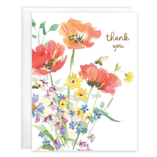 Poppy Meadow Thank You Greeting Card by Gina B Designs — a gold foil embellished A2 thank you card with original poppy meadow artwork, includes envelope, made in the USA
