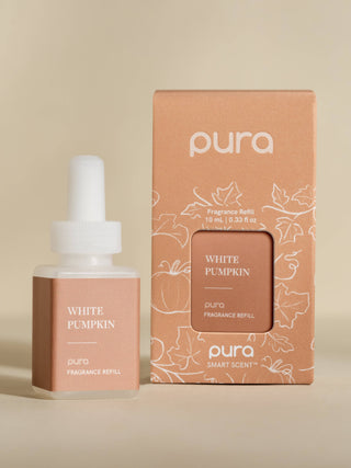 White Pumpkin Pura Home Diffuser Scent Refill — a fall home fragrance with cinnamon bark, ginger, black apple, sandalwood, and black amber, compatible with all Pura Home diffusers

