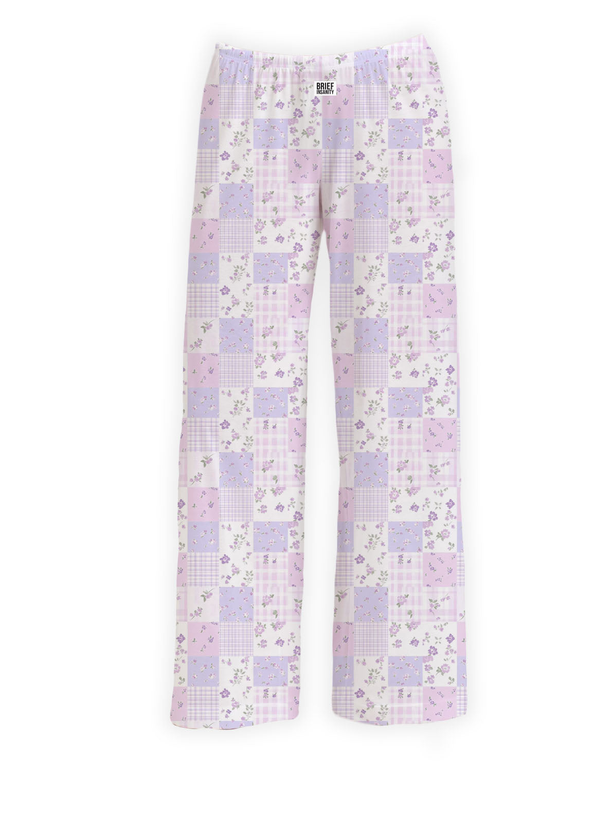 Purple floral lounge pants by Brief Insanity with pastel patchwork floral print