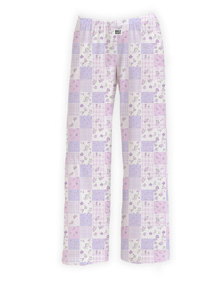 Purple floral lounge pants by Brief Insanity with pastel patchwork floral print