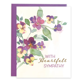 Purple Pansies Sympathy Greeting Card by Gina B Designs — a gold foil embellished A2 sympathy card with original pansy artwork, includes envelope, made in the USA
