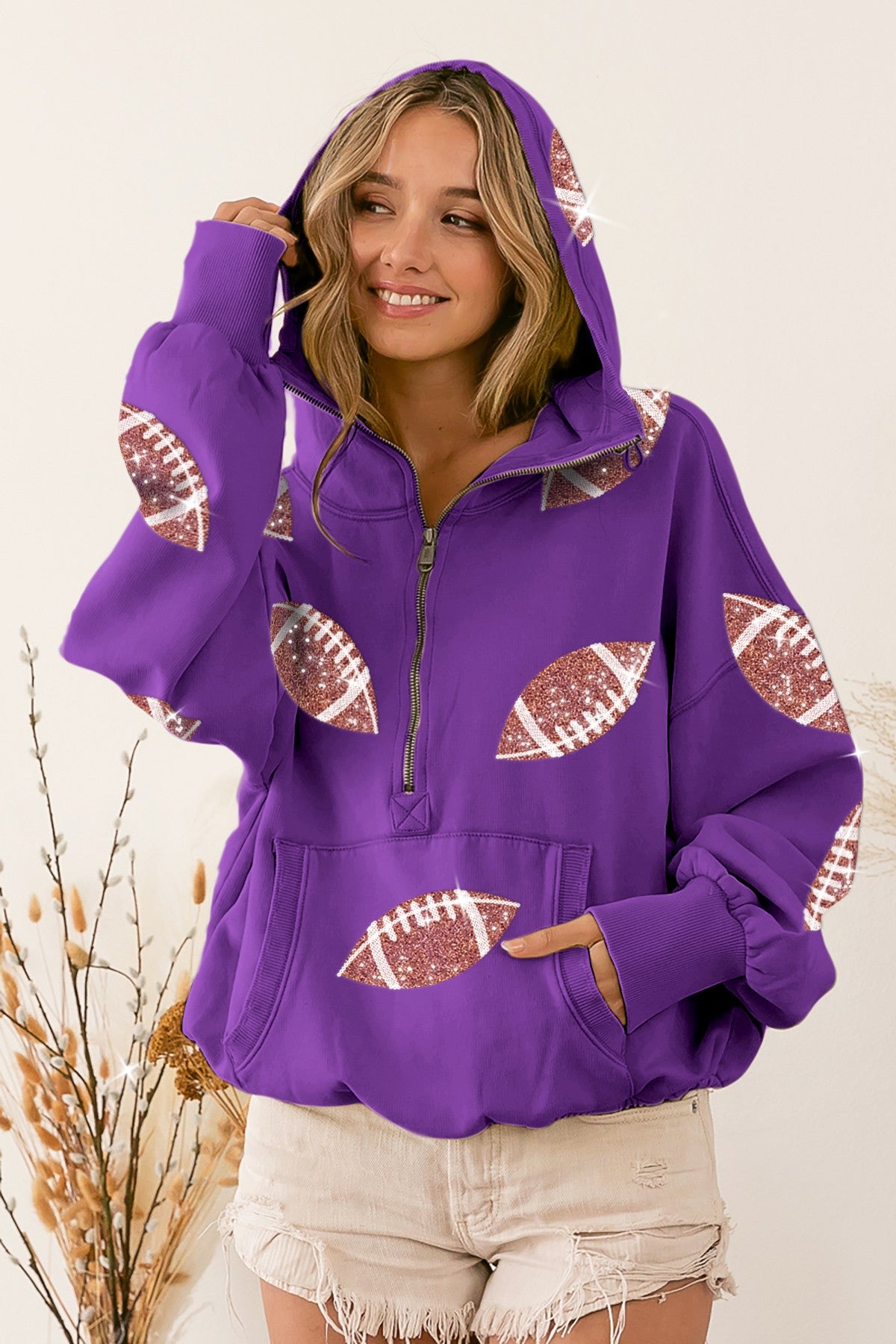 Football Sequin Patches Fleece Hoodie