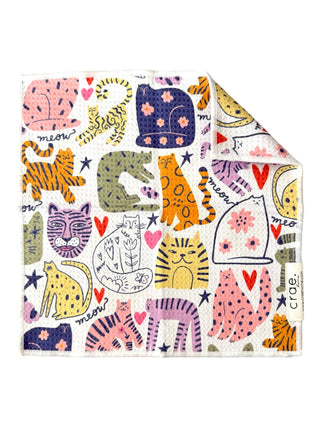 Double-sided microfiber waffle weave washcloth featuring colorful illustrated cats, hearts, and playful designs on both sides.
