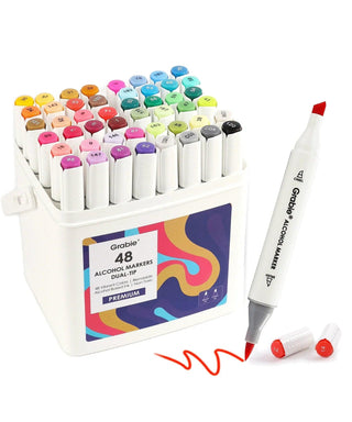 Grabie 48 dual-tip alcohol marker set with brush and chisel tips, colorful storage case, and included mindful coloring book for artists and coloring enthusiasts.