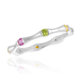 Silver rainbow CZ bamboo stack ring with colorful crystal accents and wavy design
