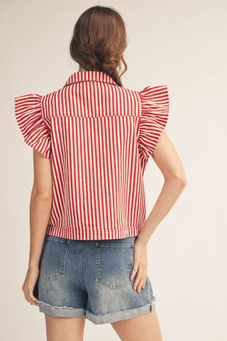 back view of woman wearing red stripe ruffle sleeve vest with button front and denim shorts