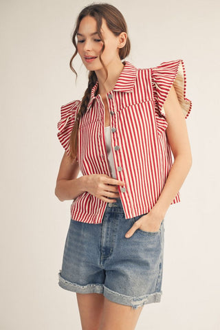 woman wearing red stripe ruffle sleeve vest with button front and denim shorts