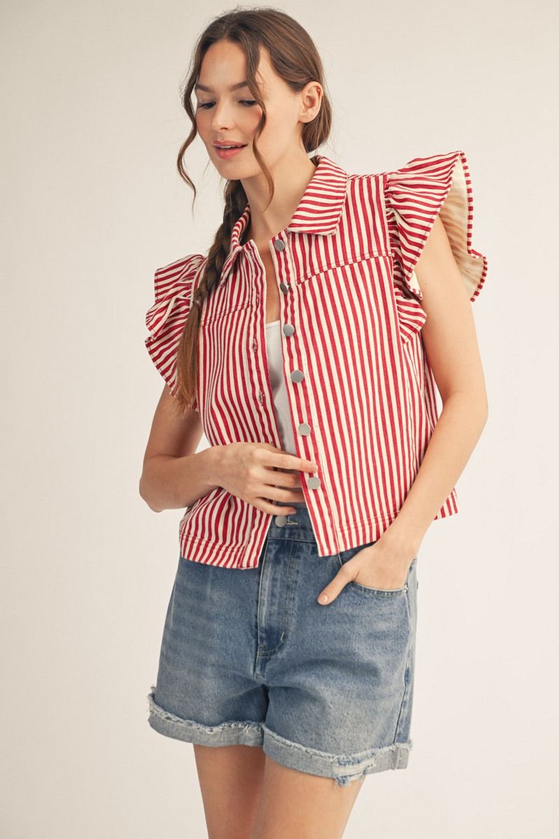 woman wearing red stripe ruffle sleeve vest with button front and denim shorts