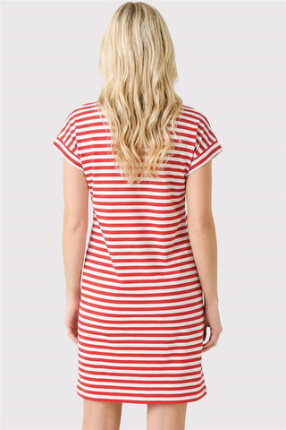 back view of woman wearing red stripe V-neck terry dress with short sleeves and pockets