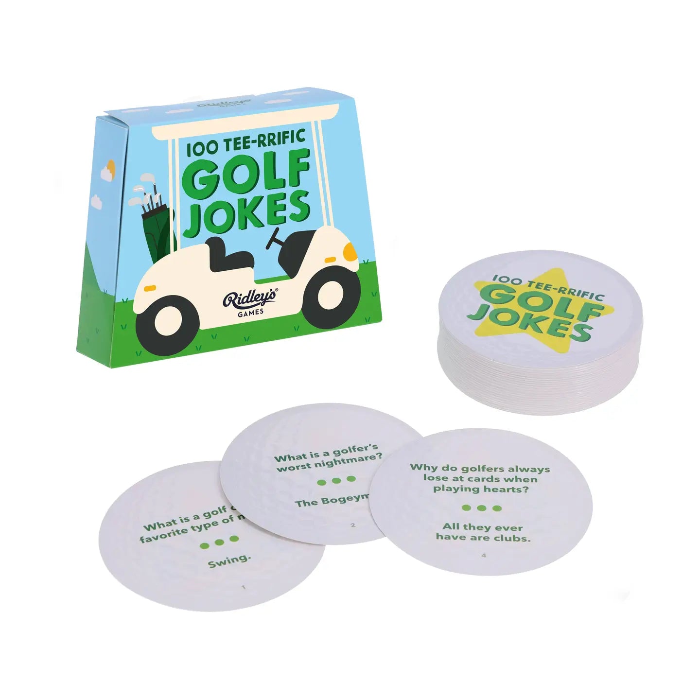 Box of '100 Tee-rrific Golf Jokes' with golf ball-shaped cards on a white background