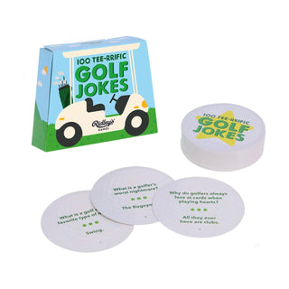 Box of '100 Tee-rrific Golf Jokes' with golf ball-shaped cards on a white background