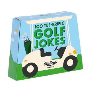 Ridley’s 100 Tee-rific Golf Jokes game featuring golf ball-shaped joke cards in a golf cart gift box