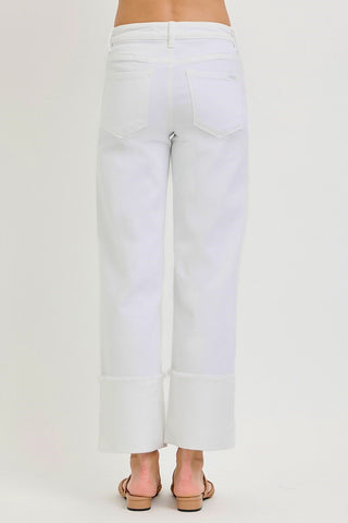 women’s white cropped wide leg denim pants with wide cuff hem detail by Risen back view
