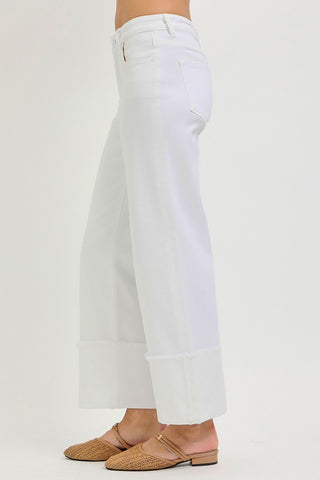 women’s white cropped wide leg denim pants with wide cuff hem detail by Risen side view