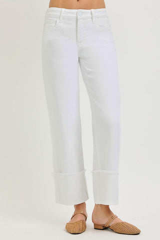 women’s white cropped wide leg denim pants with wide cuff hem detail by Risen
