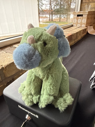 Roarie Mini Soft Dino Triceratops stuffed animal plush by Douglas in green and blue colors