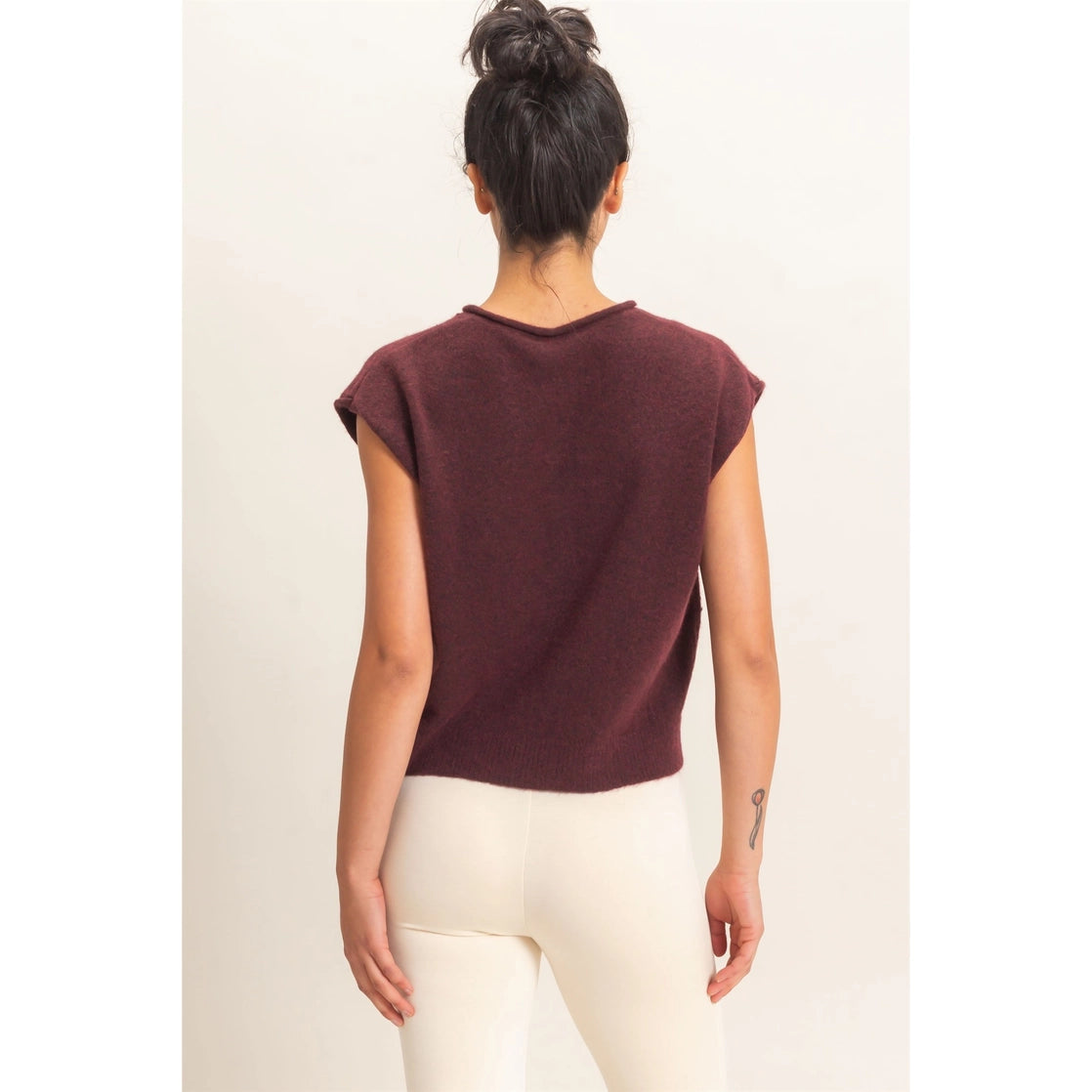 Rolled Edge Button Front Sweater Vest in dark cherry — women's sleeveless button-front sweater vest with rolled crew neckline and ribbed hem - back view