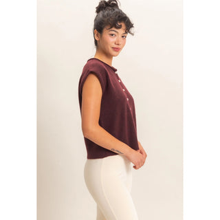 Rolled Edge Button Front Sweater Vest in dark cherry — women's sleeveless button-front sweater vest with rolled crew neckline and ribbed hem - side view of vest