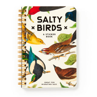 Brass Monkey Salty Birds Sticker Book by Chronicle Books — vintage-illustrated shady bird stickers with judgmental captions, 18 pages plus 2 bonus puffy sticker pages
