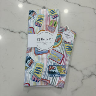 Colorful sardines print eco-friendly kitchen towel and washcloth made from recycled materials