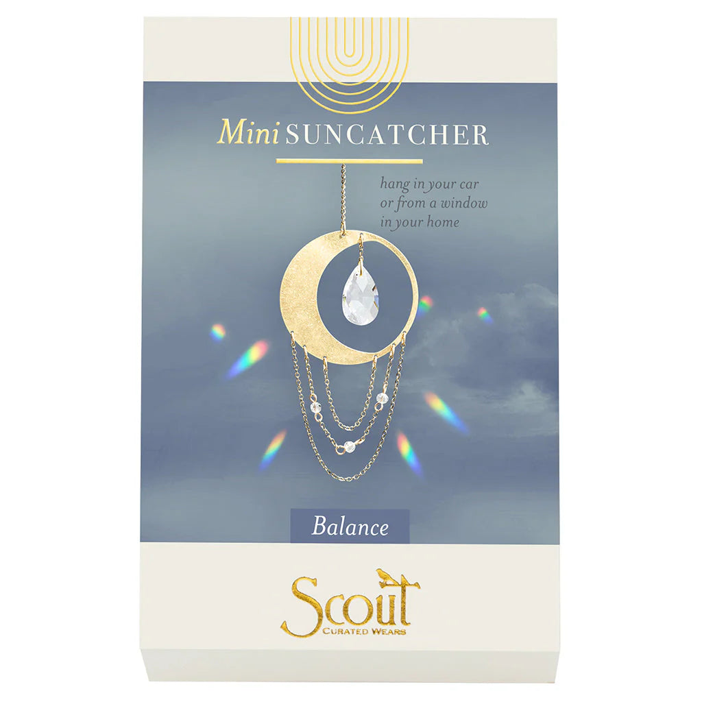 Scout Curated Wears Crescent Moon Balance mini crystal suncatcher featuring gold moon design with crystal prism and rainbow reflections