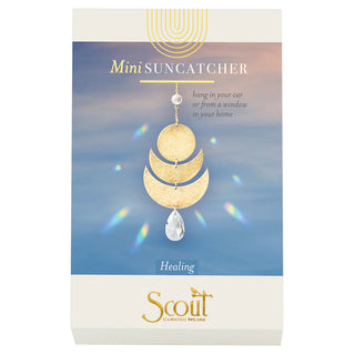 Mini suncatcher packaging with a blue sky and rainbow effect on a Scout branded card.