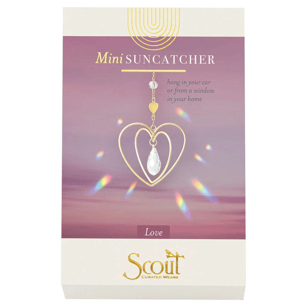 Scout Curated Wears heart-shaped crystal mini suncatcher with gold-plated brass design and rainbow-making crystal prism