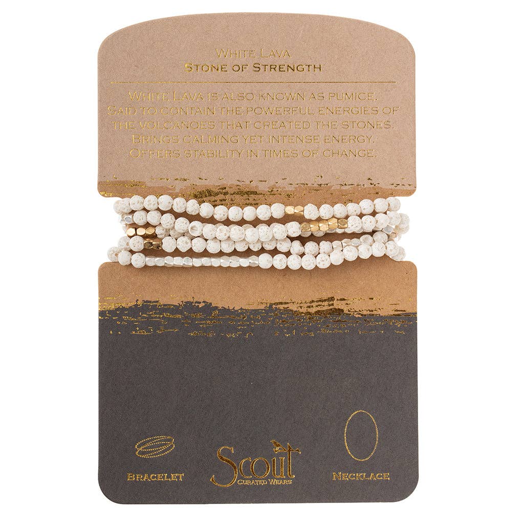 Scout Curated Wears White Lava Stone Wrap bracelet necklace featuring natural white lava gemstones with gold accents and a Stone of Strength meaning card.