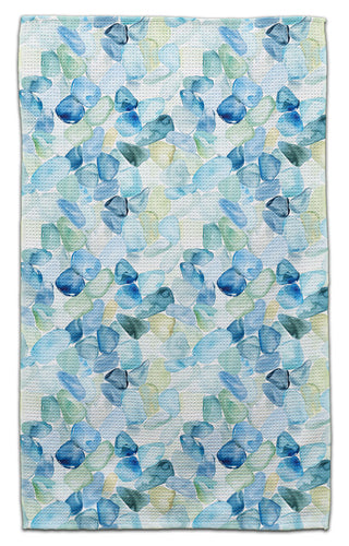 Sea glass inspired eco-friendly waffle weave kitchen towel with blue and green coastal watercolor pattern by CJ Bella