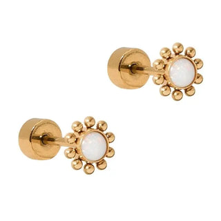 Serena Opal Gold Screwback Stud Earrings featuring a luminous 3mm white opal center surrounded by a delicate gold halo in waterproof flat-back stainless steel.