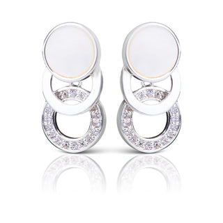 silver drop earrings with mother of pearl disc and CZ ring accents