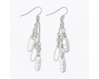 Hammered and polished silver multi-strand chandelier dangle earrings with cascading round disc, open oval frame, and elongated bar charms by Periwinkle — elegant movement earrings
