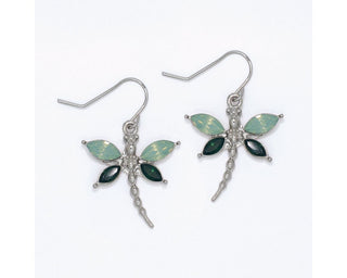 Silver dragonfly drop earrings with soft mint upper wings and deep forest green lower wings by Periwinkle — whimsical nature-inspired jewelry for the nature lover

