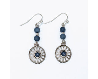 Antiqued silver open filigree daisy medallion drop earrings with matte denim blue beads and cabochon center by Periwinkle — boho-chic artisan-inspired dangle earrings
