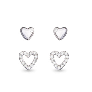 silver mini heart and cubic zirconia open heart stud earrings set