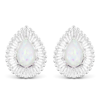 silver teardrop opal stud earrings with cubic zirconia halo
