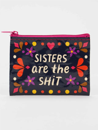 Funny Sisters Are the Sh*t recycled coin purse with colorful floral design and zipper closure made from 95% post-consumer recycled material.