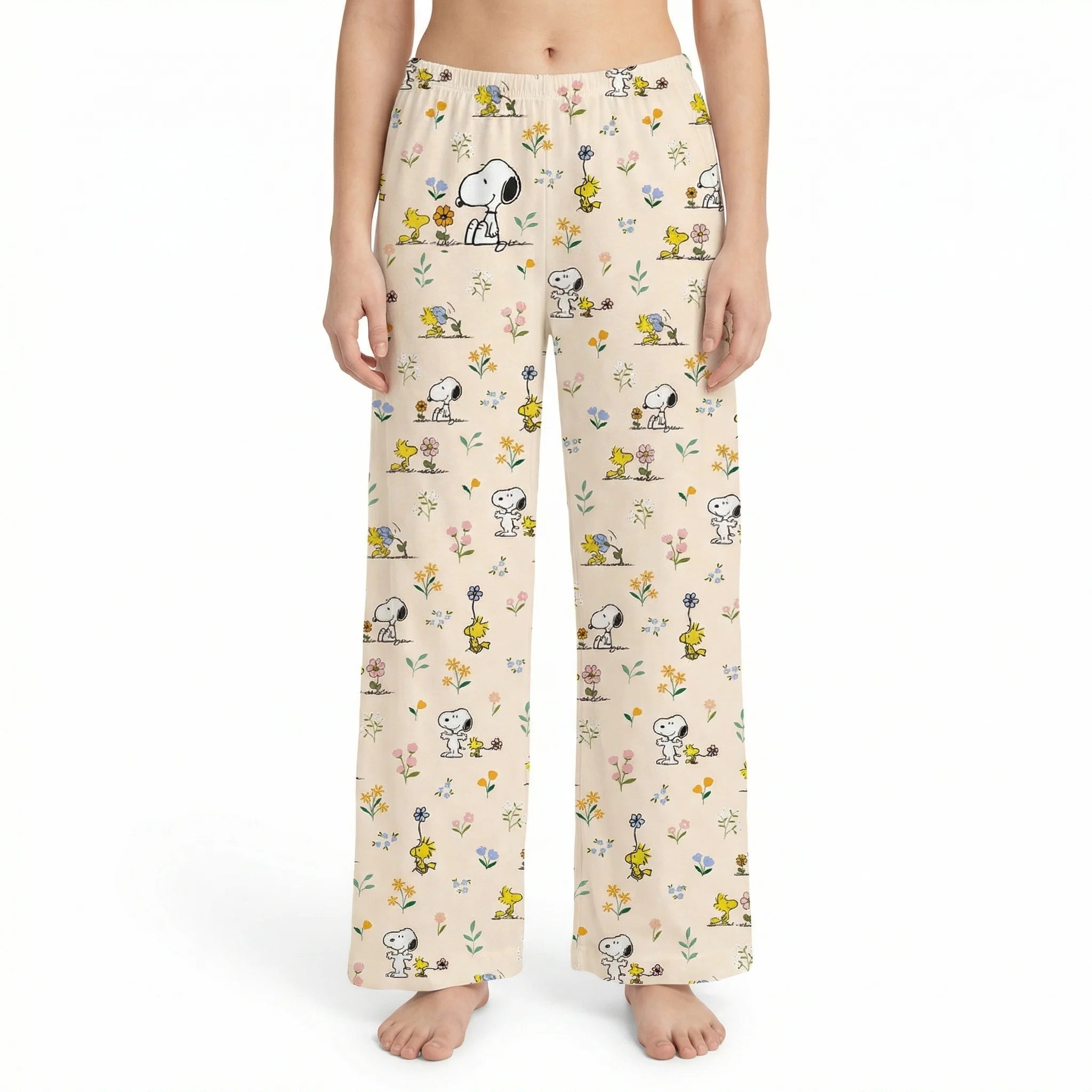 Snoopy and Woodstock floral cottage core lounge pants with lightweight relaxed fit and drawstring waist